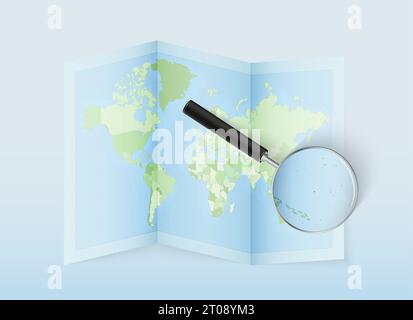 A folded world map with a magnifying lens pointing towards Nauru. Map and flag of Italy in loupe. Vector illustration in blue color tone. Stock Vector