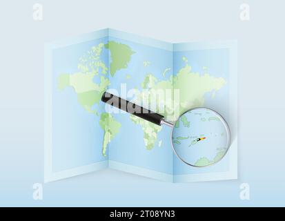 A folded world map with a magnifying lens pointing towards Vanuatu. Map ...