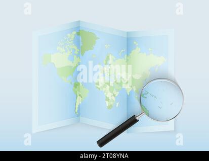 A folded world map with a magnifying lens pointing towards Vanuatu. Map and flag of Italy in loupe. Vector illustration in blue color tone. Stock Vector