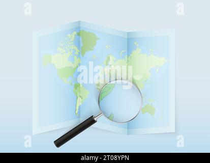 A folded world map with a magnifying lens pointing towards Seychelles. Map and flag of Italy in loupe. Vector illustration in blue color tone. Stock Vector