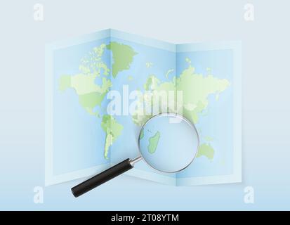 A folded world map with a magnifying lens pointing towards Mauritius. Map and flag of Italy in loupe. Vector illustration in blue color tone. Stock Vector