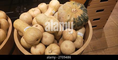 Jakarta, Indonesia - September 24 2023 : Various types of pumpkins are displayed beautifully in modern markets. Stock Photo