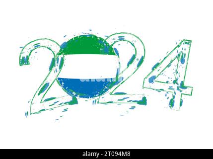 2024 Year in grunge style with flag of Sierra Leone. Holiday grunge vector illustration. Stock Vector