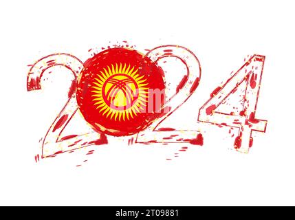 2024 Year in grunge style with flag of Kyrgyzstan. Holiday grunge vector illustration. Stock Vector