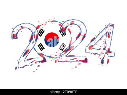 2024 Year in grunge style with flag of South Korea. Holiday grunge vector illustration. Stock Vector