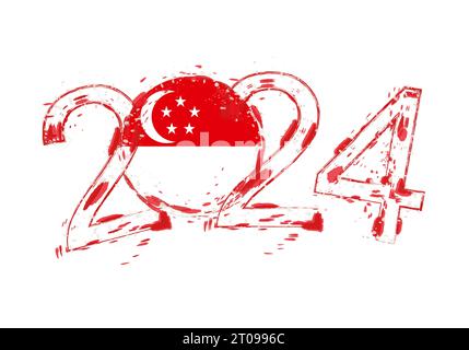 2024 Year in grunge style with flag of Singapore. Holiday grunge vector illustration. Stock Vector