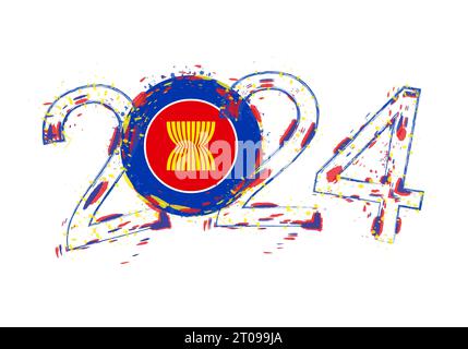 2024 Year in grunge style with flag of ASEAN. Holiday grunge vector illustration. Stock Vector