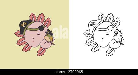 Cute Halloween Axolotl Clipart Illustration and Black and White. Funny Clip Art Halloween Salamander Stock Vector