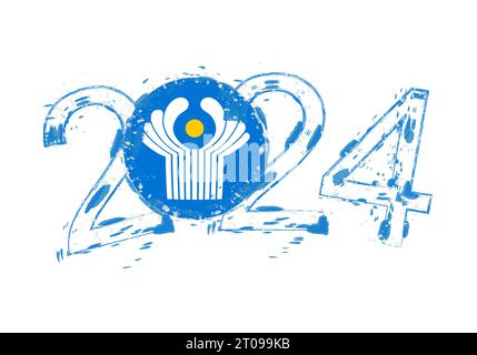 2024 Year in grunge style with flag of CIS. Holiday grunge vector illustration. Stock Vector