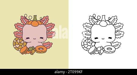 Set Clipart Halloween Axolotl Coloring Page and Colored Illustration. Kawaii Halloween Salamander. Stock Vector