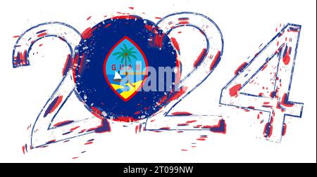 2024 Year in grunge style with flag of Guam. Holiday grunge vector illustration. Stock Vector