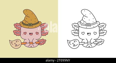 Kawaii Halloween Axolotl Clipart Multicolored and Black and White. Cute Kawaii Halloween Salamander Stock Vector