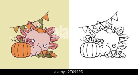 Kawaii Clipart Halloween Axolotl Illustration and For Coloring Page. Funny Halloween Salamander. Stock Vector