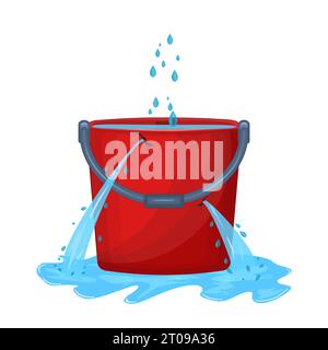 Leaking bucket and puddle.Pail with hole full water.Water leaking from bucket.Useless bucket.Water is poured of hole in bucket.Cracked plastic pailful Stock Vector