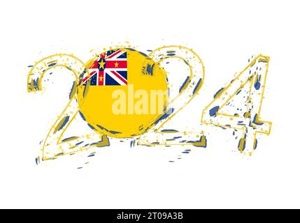 2024 Year in grunge style with flag of Niue. Holiday grunge vector illustration. Stock Vector