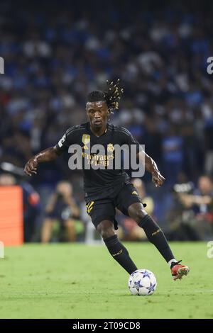 Naples, Italy. 03rd Oct, 2023. Real Madrid's French midfielder Eduardo Camavinga controls the ball during the Uefa champions league match between SSC Napoli vs Real Madrid at the Diego Armando Maradona Stadium in Naples, southern Italy, on October 03, 2023. Credit: Independent Photo Agency/Alamy Live News Stock Photo
