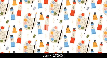 Seamless pattern with Palette, paints and brushes Stock Vector