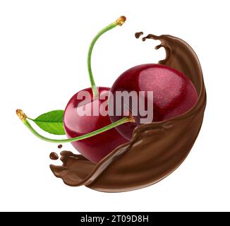 Cherry in chocolate splash isolated on white background Stock Photo