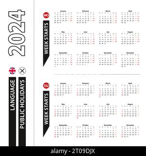 Two versions of 2024 calendar in English, week starts from Monday and week starts from Sunday. Vector template. Stock Vector