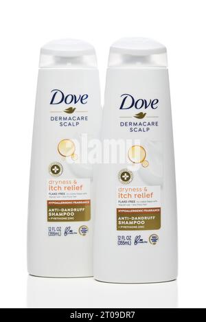 IRVINE, CALIFORNIA - 4 OCT 2023: Two bottles of Dove Dermacare Scalp, anit-dandruff shampoo. Stock Photo