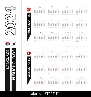 Two versions of 2024 calendar in Serbian, week starts from Monday and week starts from Sunday. Vector template. Stock Vector