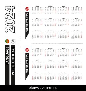 Two versions of 2024 calendar in Portuguese, week starts from Monday and week starts from Sunday. Vector template. Stock Vector