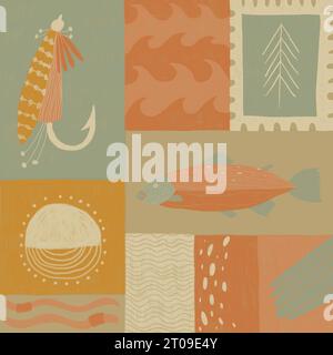 Set of vector illustrations of swimming fish artificial feathered fly skeleton bone wavy patterns seamless waves in textured way with half filled sphe Stock Photo