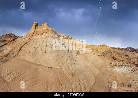 Rough mountains in National Park in Utah on stormy overcast day with lightnings Stock Photo