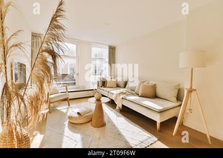 Interior of stylish living room with empty couch and chair by bright window in light apartment with white walls Stock Photo