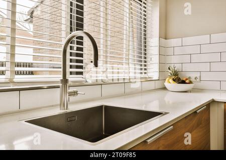 Interior of kitchen with stainless steel faucet and sink in front of window at home Stock Photo