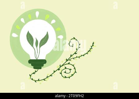 Vector illustration of verdant plant placed inside of light bulb with leaves on wire on bright yellow backdrop Stock Photo