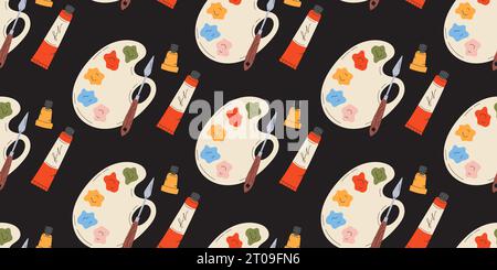 Seamless pattern with Palette, paints and brushes Stock Vector