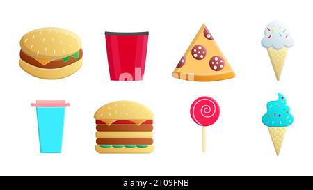 Set of eight icons of items of delicious food and snacks for a cafe bar restaurant on a white background: burger, popcorn, pizza, ice cream, coffee, c Stock Vector
