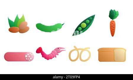 Set of eight icons of items of delicious food and snacks for a cafe bar restaurant on a white background: nuts, cucumber, peas, carrots, sausage, brea Stock Vector
