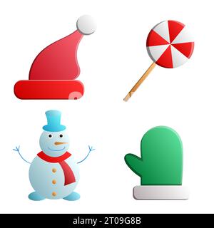Festive set of different elements for the new year. Christmas Eve. Decorations on the Christmas tree, Santa hat and elf, gift and sweet. Vector flat o Stock Vector