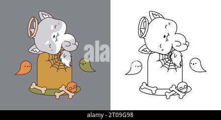 Set Clipart Halloween Wolf Coloring Page and Colored Illustration. Kawaii Halloween Forest Animal Stock Vector