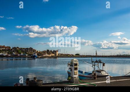 Scenery spring time travel perspective in warm pleasant cloudy day from the port of Nessebar, Black Sea, Bulgaria Stock Photo