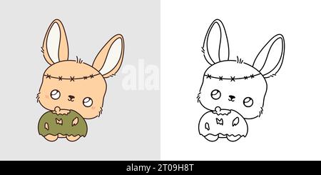 Cute Halloween Hare Illustration and For Coloring Page. Cartoon Clip Art Halloween Bunny. Stock Vector