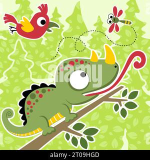 Funny chameleon on tree branches with dragonfly and bird on pine trees background, vector cartoon illustration Stock Vector