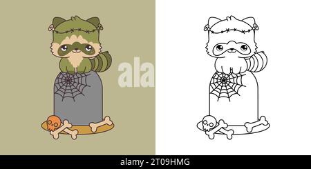 Set Clipart Halloween Raccoon Coloring Page and Colored Illustration. Kawaii Halloween Forest Animal Stock Vector