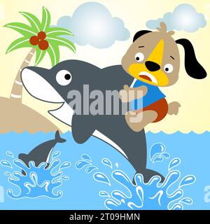 Little puppy ride on dolphin in the beach, vector cartoon illustration Stock Vector
