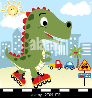 Giant monster playing roller skate in city road on buildings background, vector cartoon illustration Stock Vector