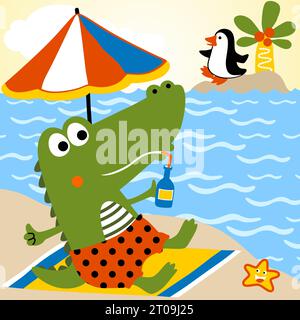 Funny crocodile vacation in the beach, little penguin in small island, vector cartoon illustration Stock Vector