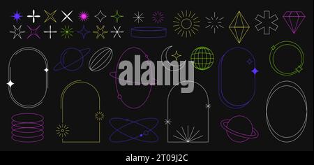 Modern minimalist y2k aesthetic elements set. Simple geometric design shapes, line figures in trendy retro style. Universal star, basic forms, sparks and arch frame with sparkles on black background. Stock Vector