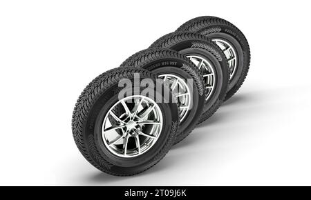 four wheels with winter tyres. 3d render Stock Photo