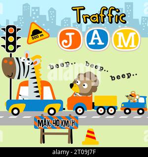 Funny animals driving car in city road, urban traffic elements, vector cartoon illustration Stock Vector