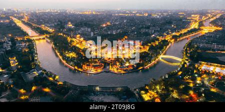 An aerial view of the beautiful night skyline of Dashuiwan Park in Yangzhou City, China Stock Photo