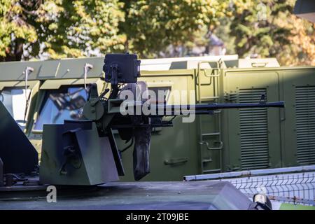 So called long pipes with big  calibers of guns against armored vehicles and against infantry, installed at the chassis top Stock Photo