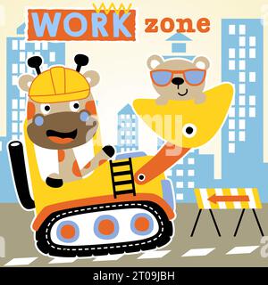 Cute bear with giraffe on construction vehicle on buildings background, vector cartoon illustration Stock Vector