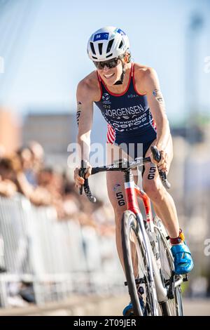 Gwen Jorgensen participating in Pontevedra in the 2023 World Triathlon Championship Series. Stock Photo